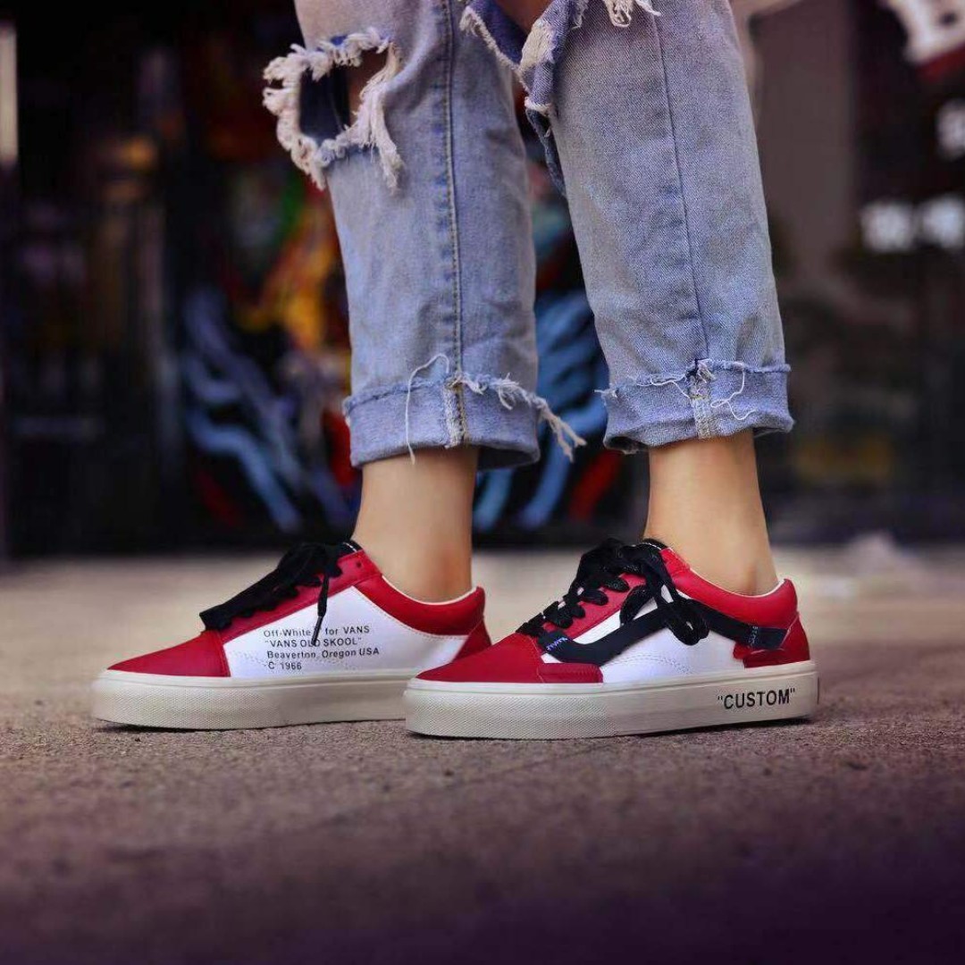 Off White X Vans Old Skool Custom Red White Women S Fashion Shoes Sneakers On Carousell