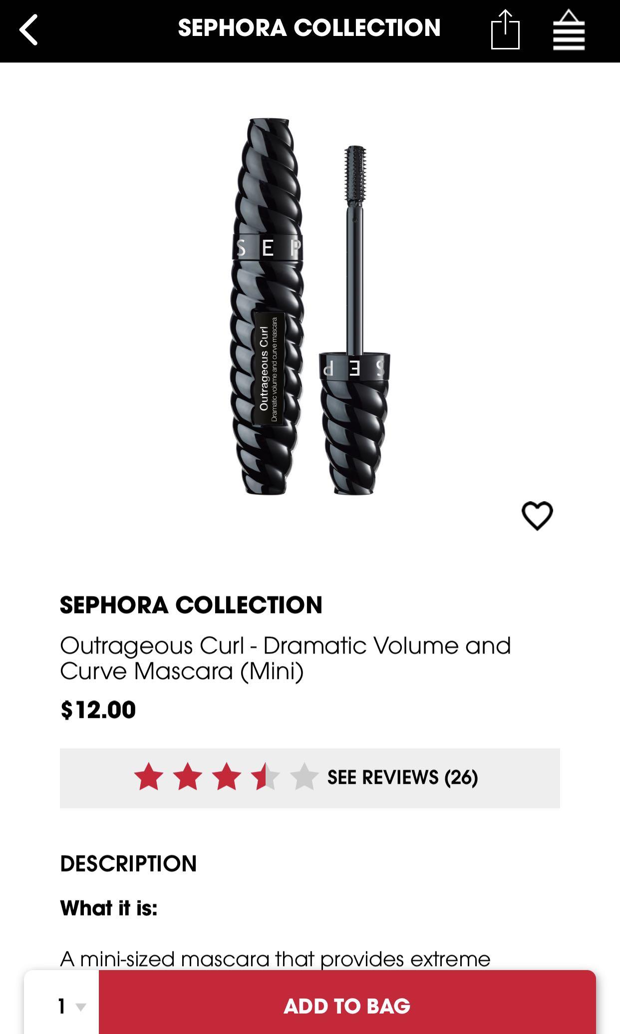 Sephora Outrageous Curl Mascara in Ultra Black, Beauty & Personal Care, Face, Makeup on Carousell