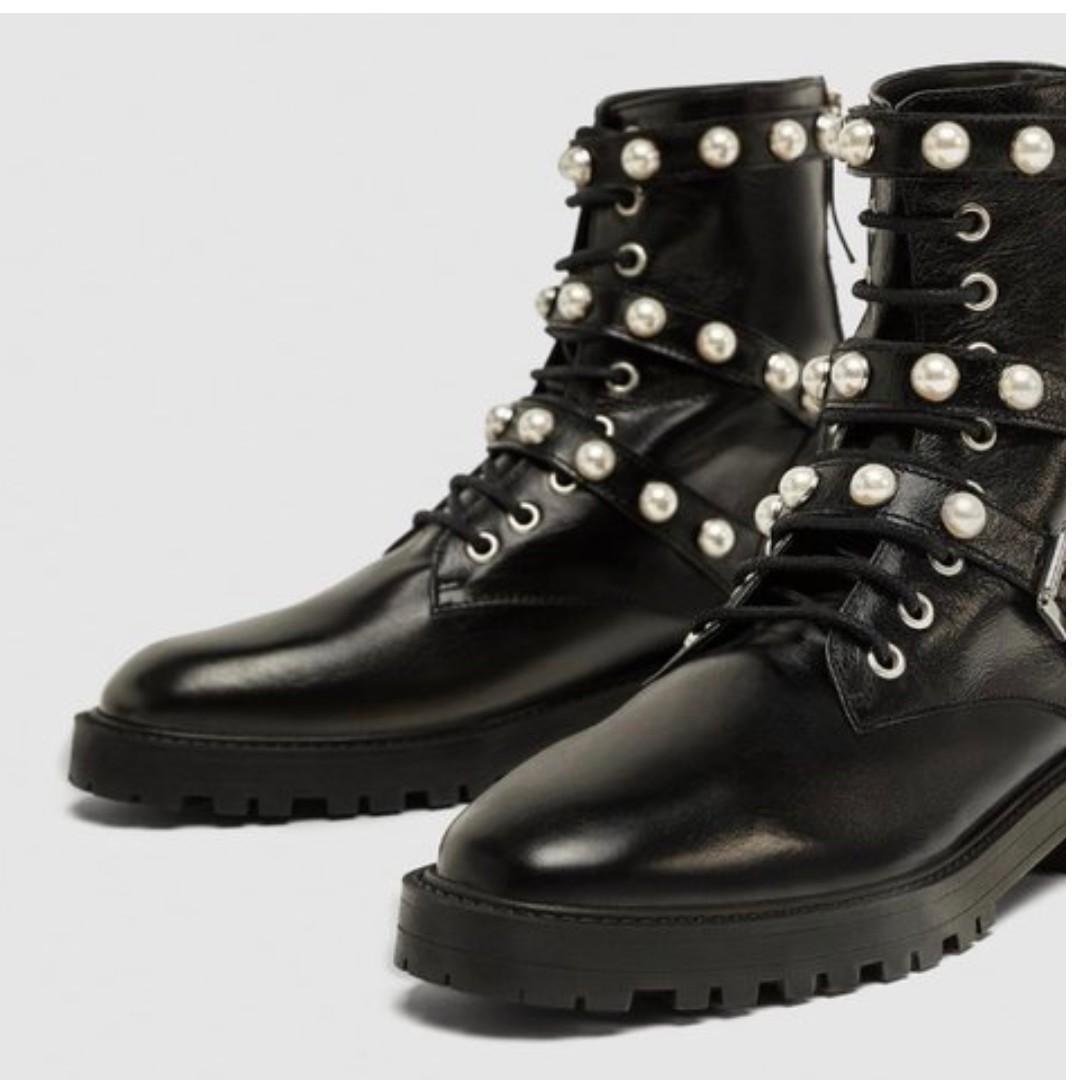 Leather ankle boots with faux pearls zara new arrivals