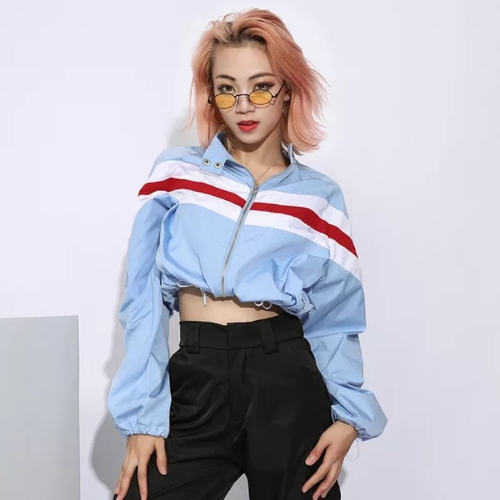 Baby Blue Oversized Drawstring Cropped Windbreaker Red White