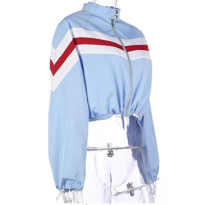 Baby Blue Oversized Drawstring Cropped Windbreaker Red White