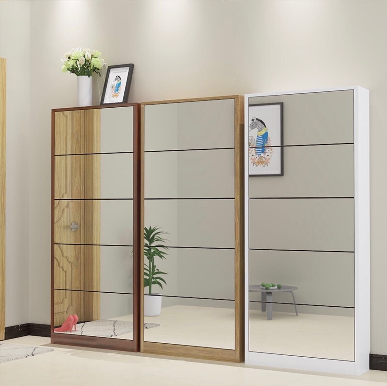 Full Height Shoe Rack Slim Mirrored Furniture Shelves Drawers On Photo