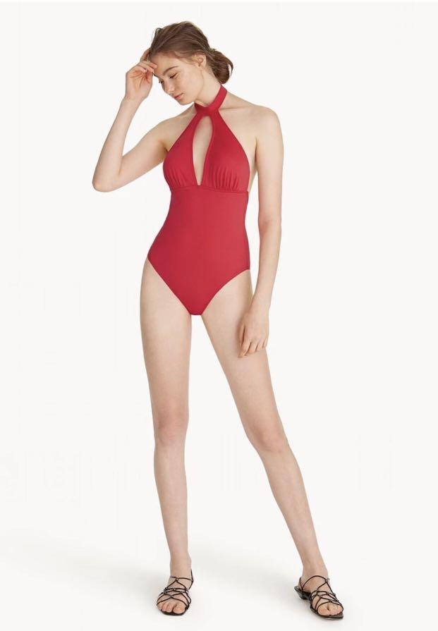 Red halter top one piece swimsuit