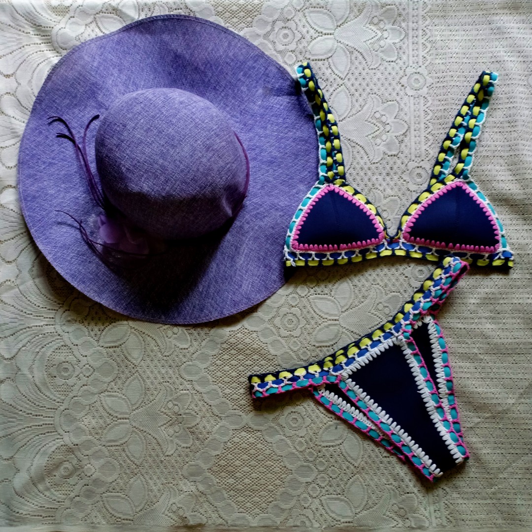 Navy Green Crochet Design 2 Piece Swimsuit