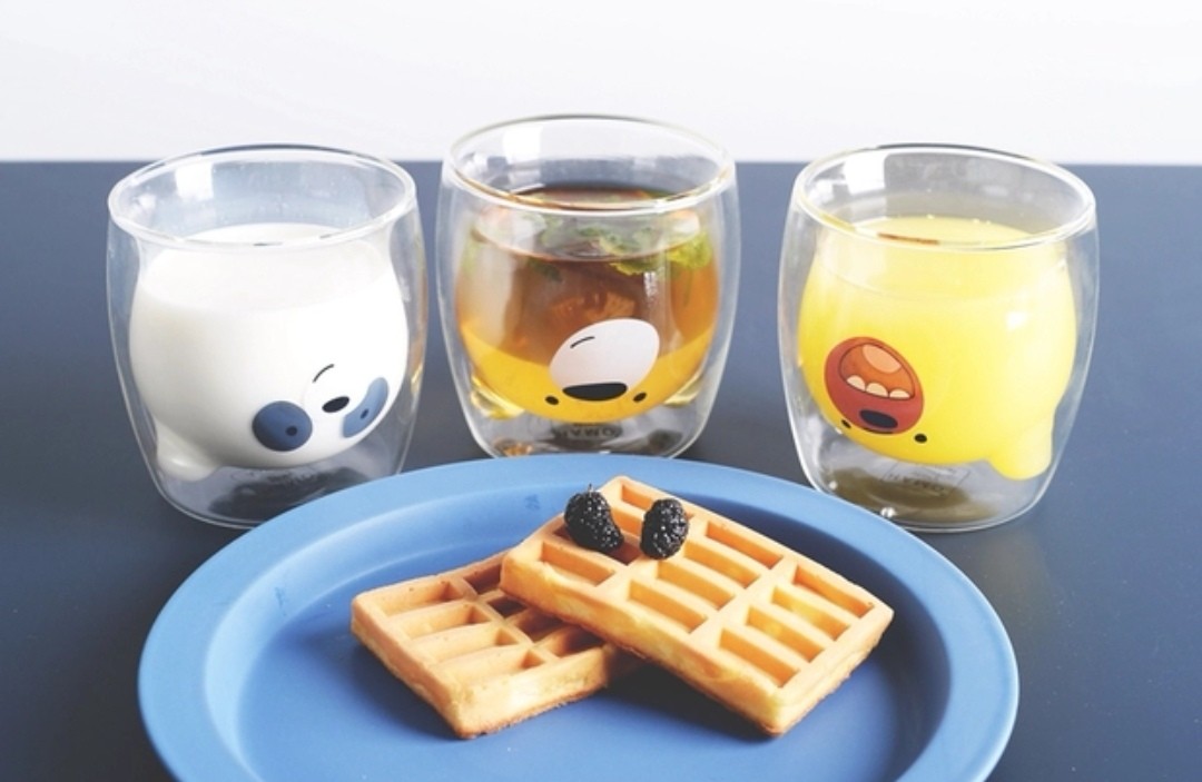 We Bare Bears Double Glass Cup, Furniture & Home Living, Kitchenware & Tableware, Coffee & Tea