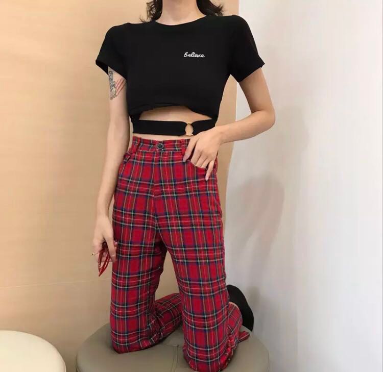 checkered red pants