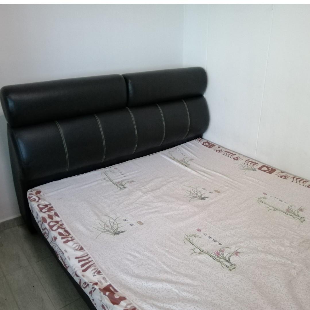 Bed frame with cushioned fauxleather covered headboard, Furniture