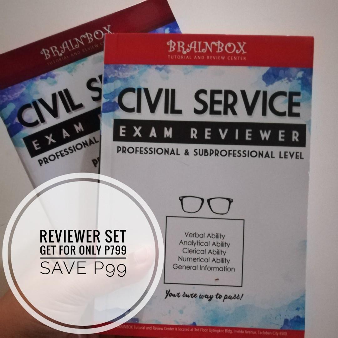 Brainbox Civil Service Exam Reviewer Set (Category: Textbooks) located in Quezon City. Submitted by ludifyph (Listing ID 200260933, Image 1). Description: PREPARE TO PASS! The Civil Service Exam Reviewer is a 375-page reviewer with detailed discussions, worksheets per topic, practice exercises and a practice test. The reviewer comes with answers and detailed solutions and explanations. The Civil Service Practice Test is a 45-page test with 170 qu