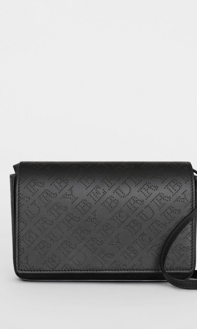 Burberry perforated logo leather wallet with detachable strap clearance