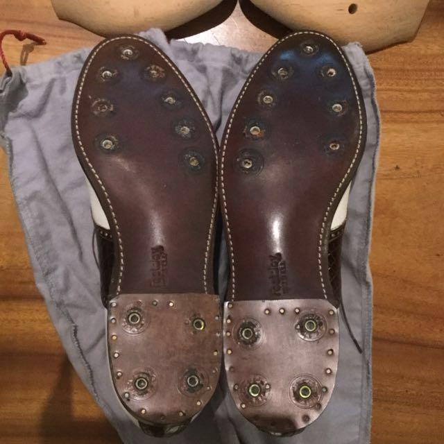 UNWORN VINTAGE FOOTJOY Classic White Calf Leather & Dark Brown Genuine Alligator Golf Shoes (Men