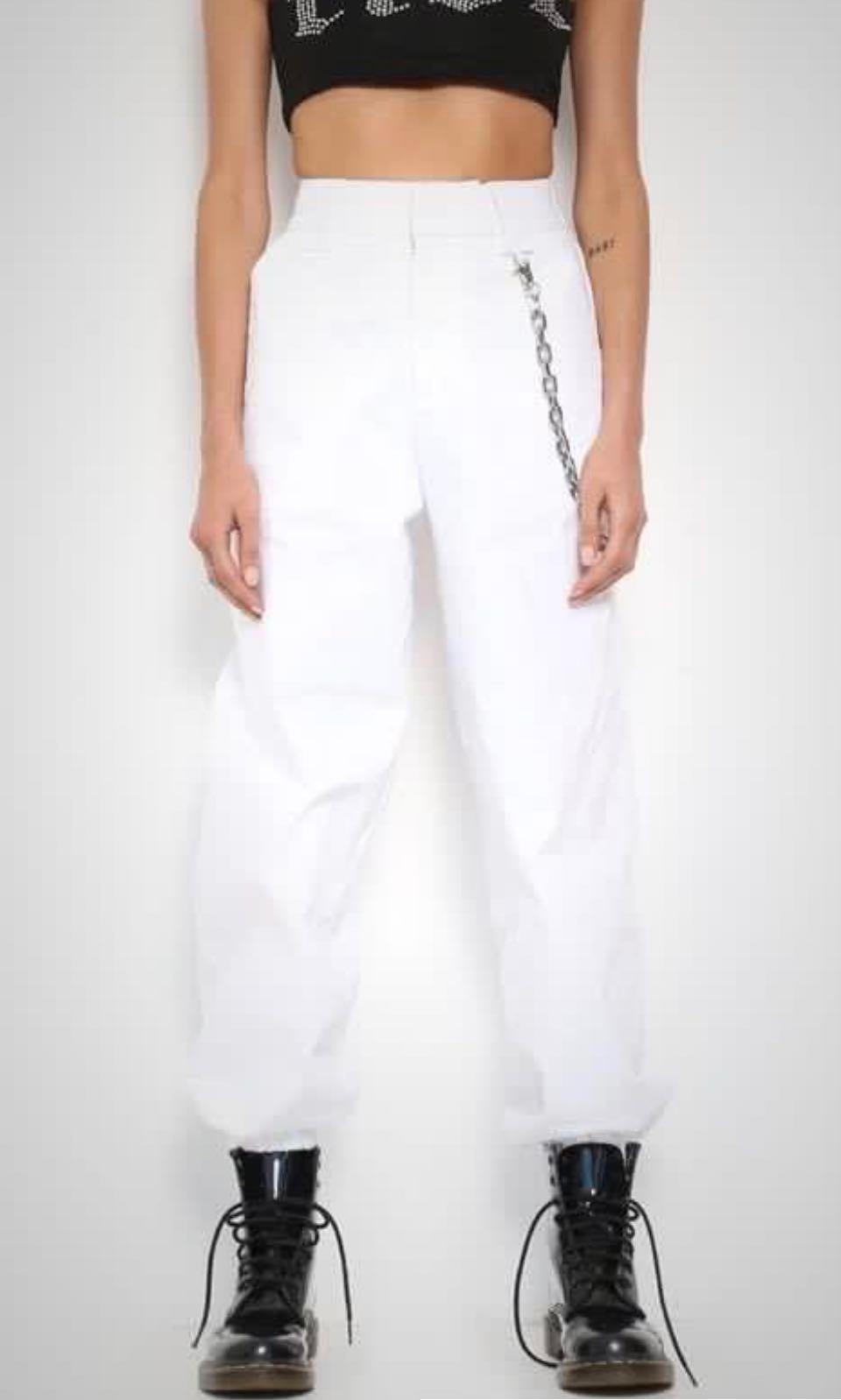 White satin cargo pants
