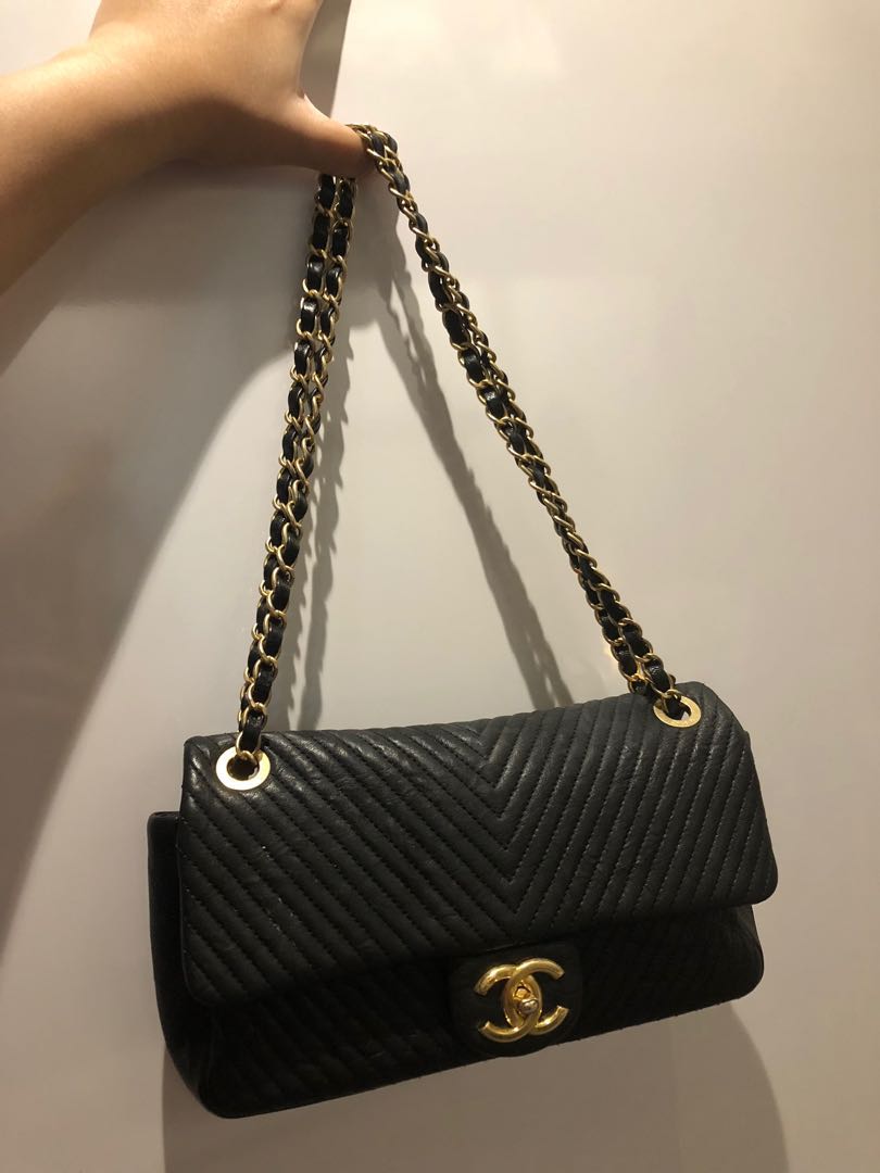 Chanel Herringbone CC GHW Chain Shoulder Bag Lambskin Leather Brown  eBay