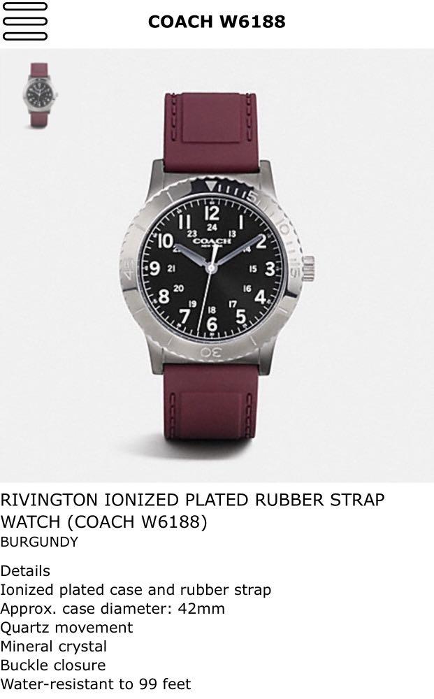 COACH W6188 RIVINGTON IONIZED PLATED RUBBER STRAP WATCH