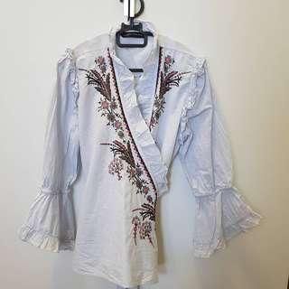 Zara embroided wrap blouse