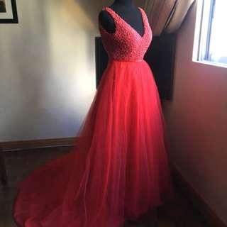 Red ball gown fully beads on top FOR RENT 