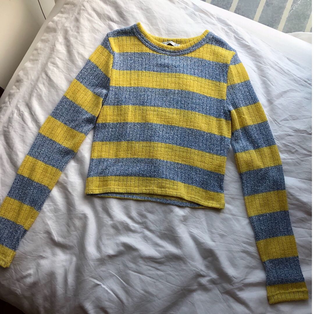 blue and yellow long sleeve shirt