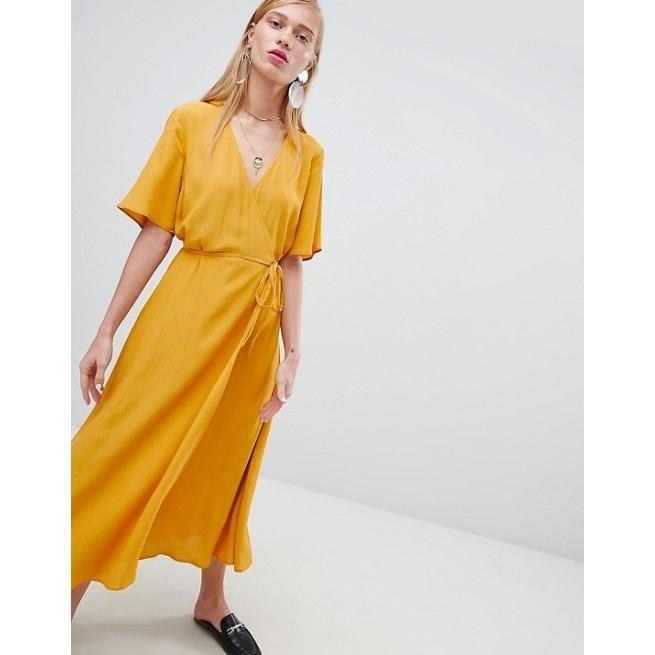 Yellow wrap dress midi Clearance