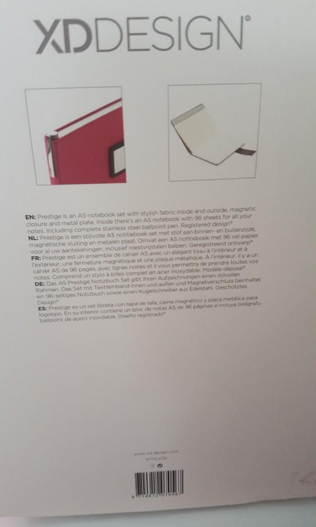 Notebook set (Category: Stationery & School Supplies) located in Singapore. Submitted by richardang (Listing ID 200624519, Image 2). Description: Prestige is anA5 notebook set with stylish fabric inside and outside, magnetic closure and metal plate. 96 sheets notebook and includes stainless steel pen. All new..