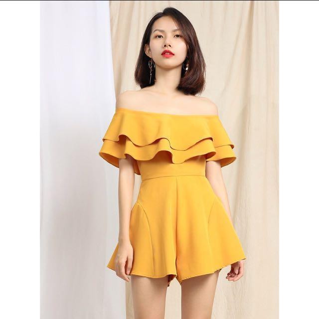 SOLD BNWT Ruffle Off Shoulder Flare Romper Mustard Yellow Women s Fashion Dresses Sets Rompers on Carousell