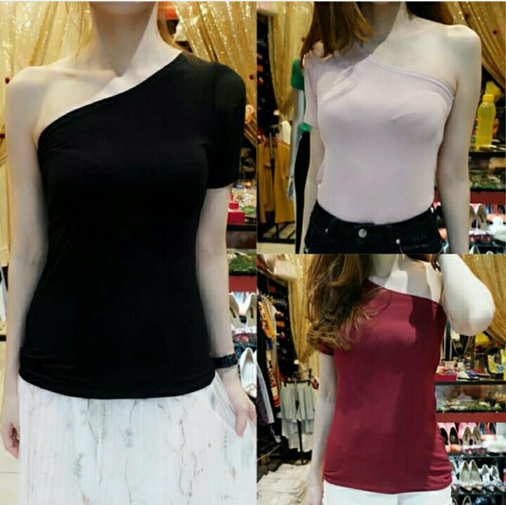 Top One Shoulder Pink Lengan Sebelah Fesyen Wanita Pakaian Wanita Atasan Di Carousell