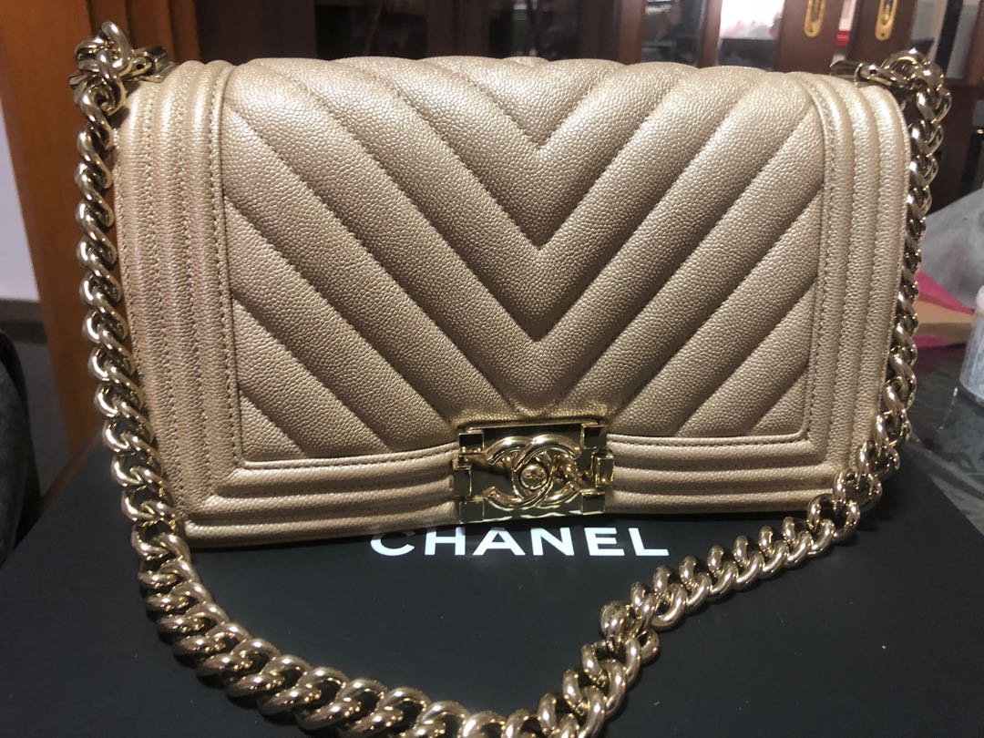 Chanel Medium Boy Bag Black Chevron Caviar Antique Gold Hardware  Madison  Avenue Couture