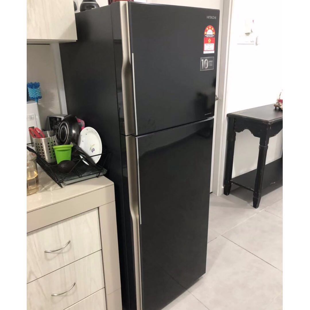 Hitachi fridge black sales glass