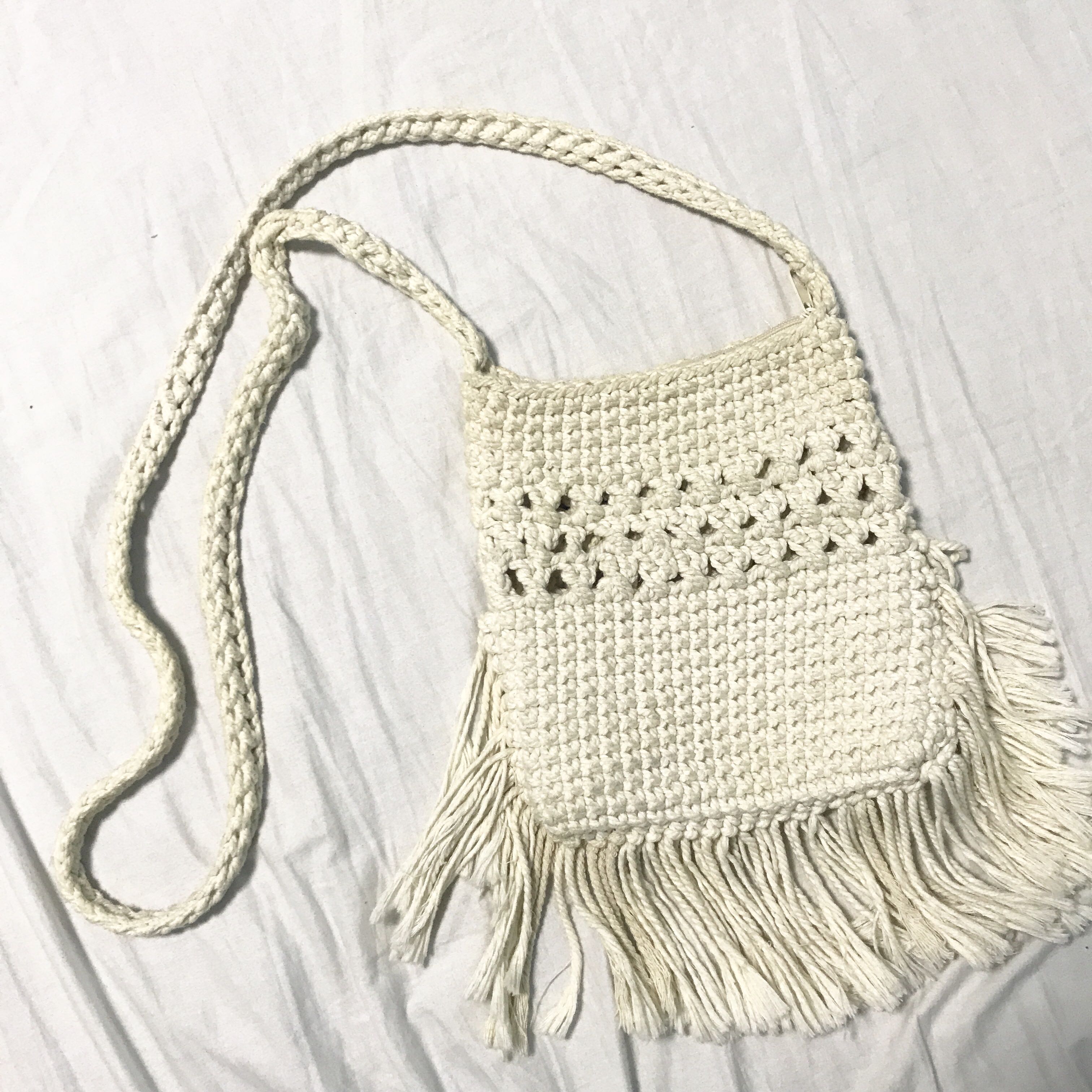 white crochet shoulder bag