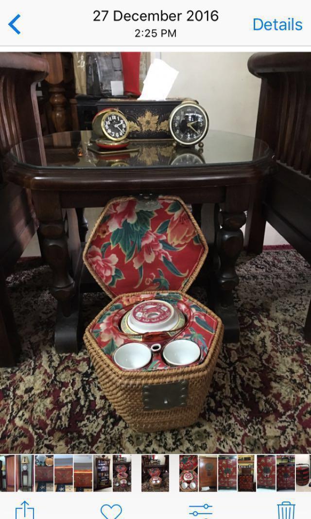 Vintage Chinese Teapot Set in Wicker Basket, Furniture & Home Living
