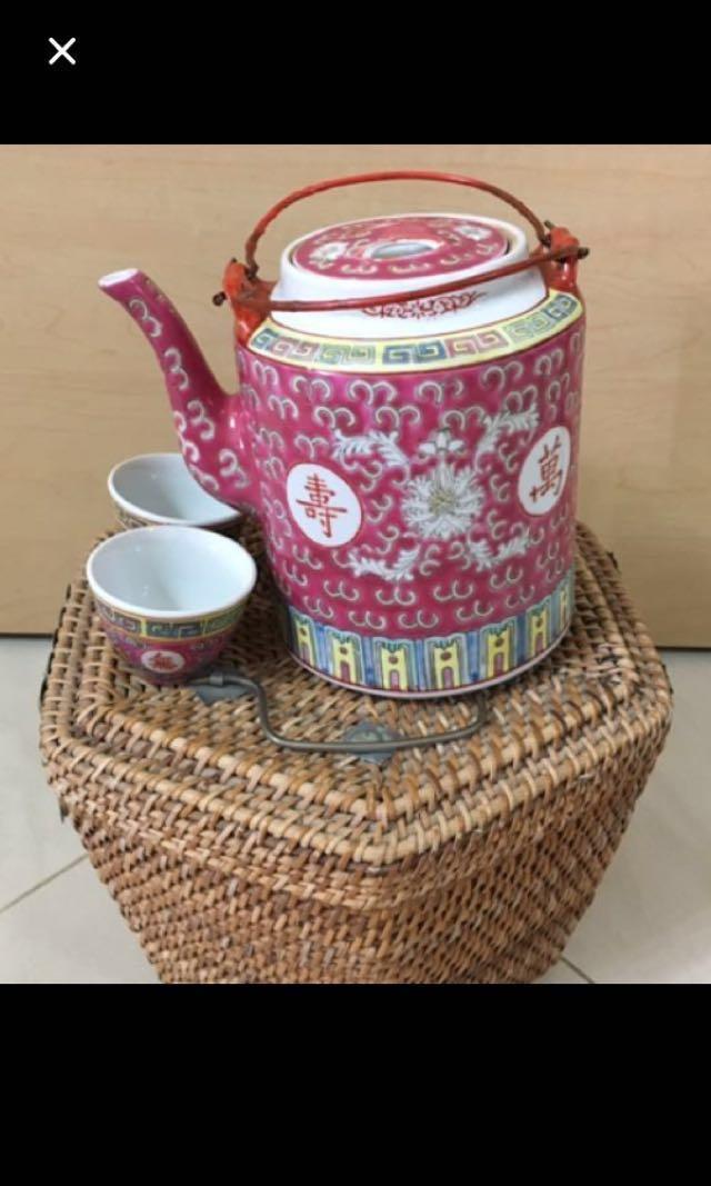 Vintage Chinese Teapot Set in Wicker Basket, Furniture & Home Living