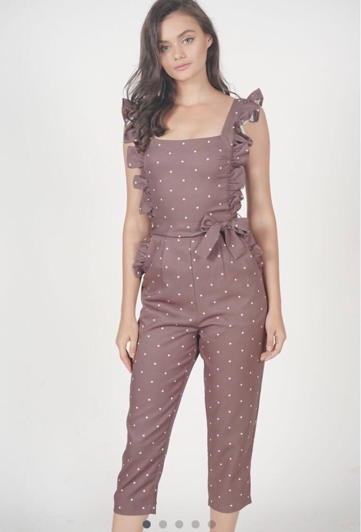 Mds Jumpsuit Brown Polka Dots Klytie Frilled Women S Fashion Clothes Rompers Jumpsuits On Carousell