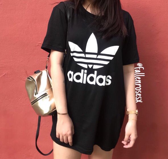 black adidas slogan oversized tee Women s Fashion Tops