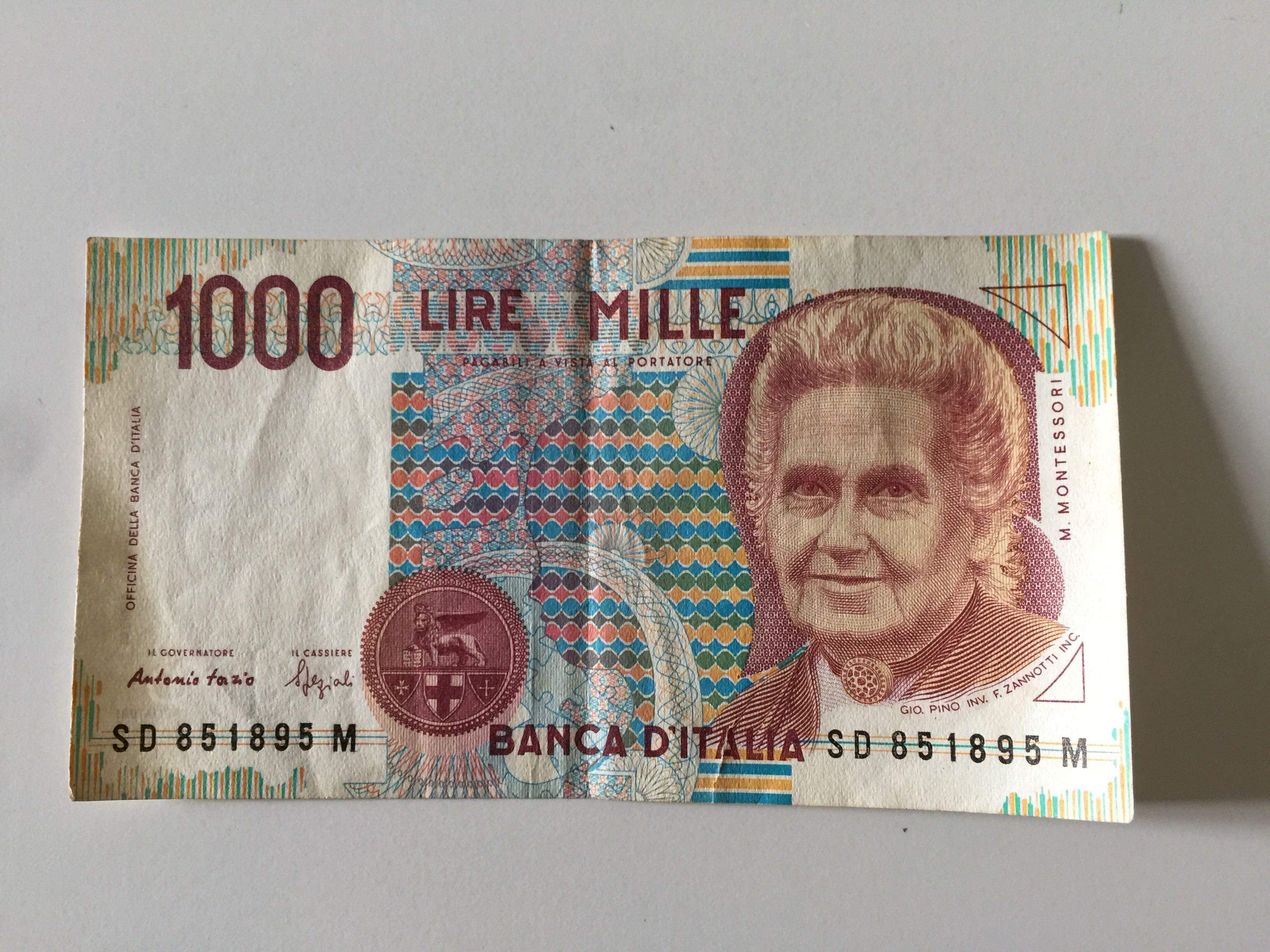 意大利里拉1000 Lire (有摺痕）, 興趣及遊戲, 收藏品及紀念品, 錢幣- Carousell