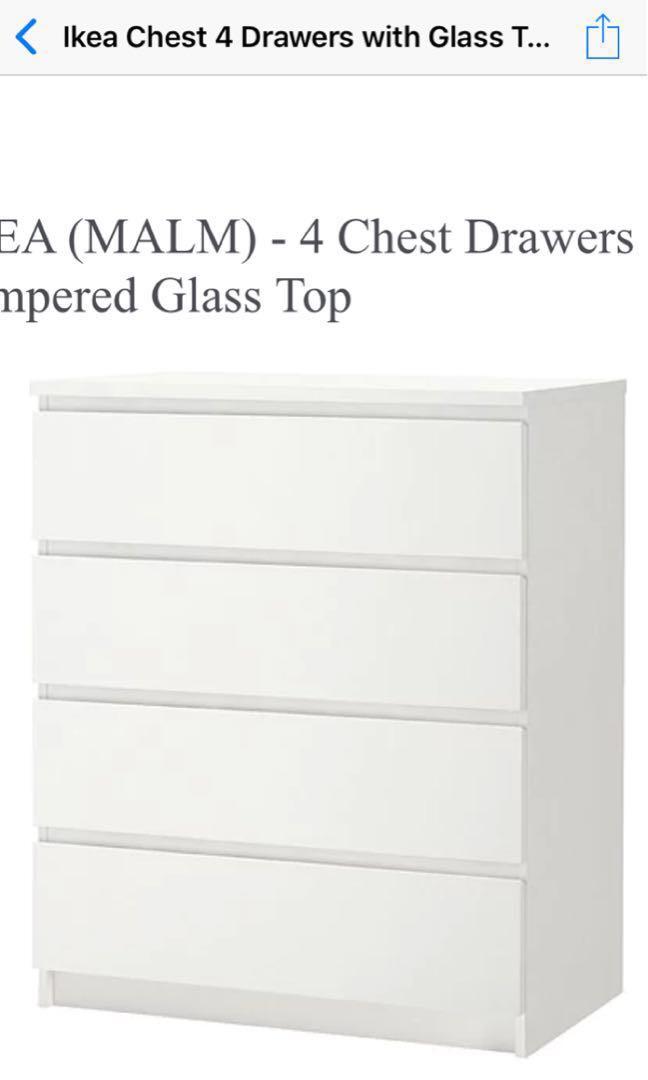 IKEA MALM 1 set with 4 drawers and glass TOP, Furniture & Home Living