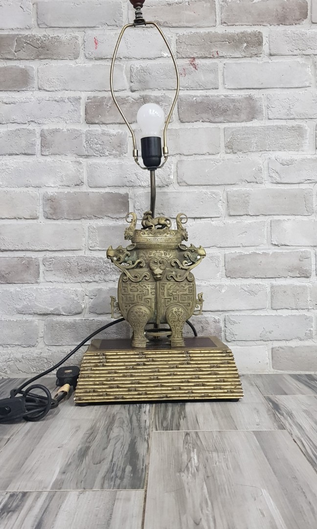 Old Antique Brass Copper Bronze Clay Chinese Art Deco Table Lamp Light