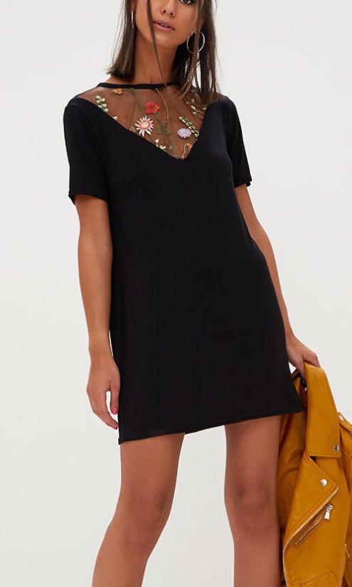 PLT Black Floral Embroidered Mesh Insert T shirt Dress Women s Fashion Tops Sleeveless on Carousell