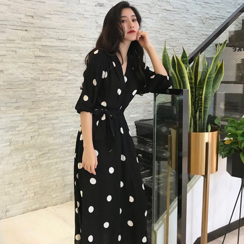 White and black polka dot maxi dress online