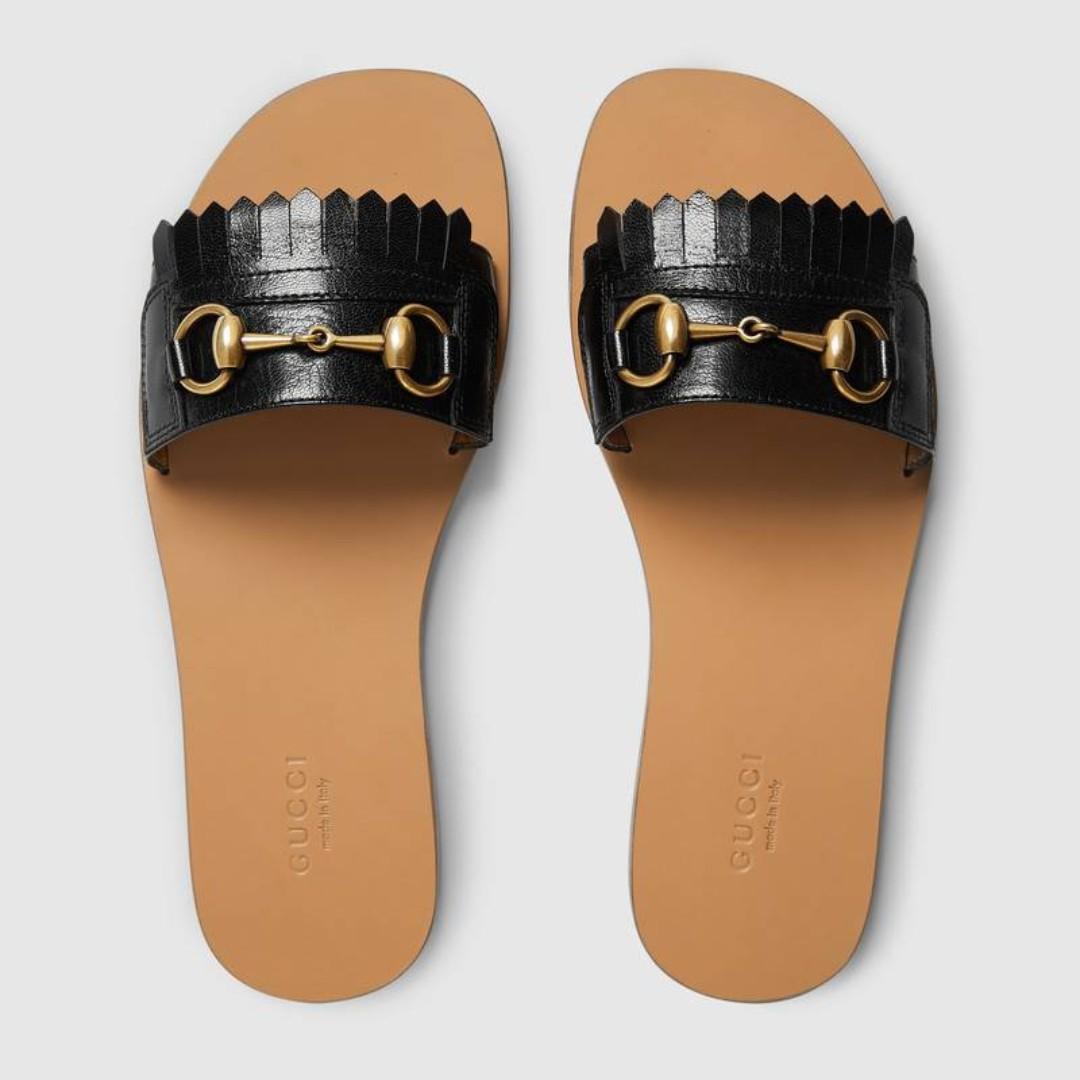 women's leather slide sandal with horsebit