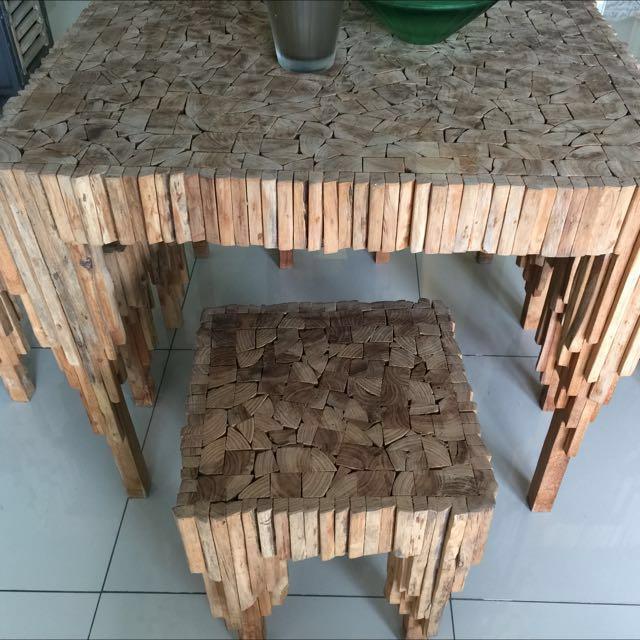 Designer Art Deco Teak Wood Table + 4 Stools Set, Furniture & Home