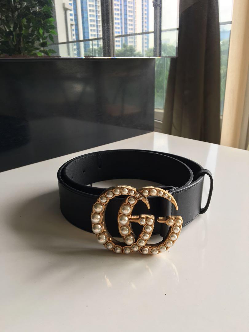 leather belt with pearl double g buckle