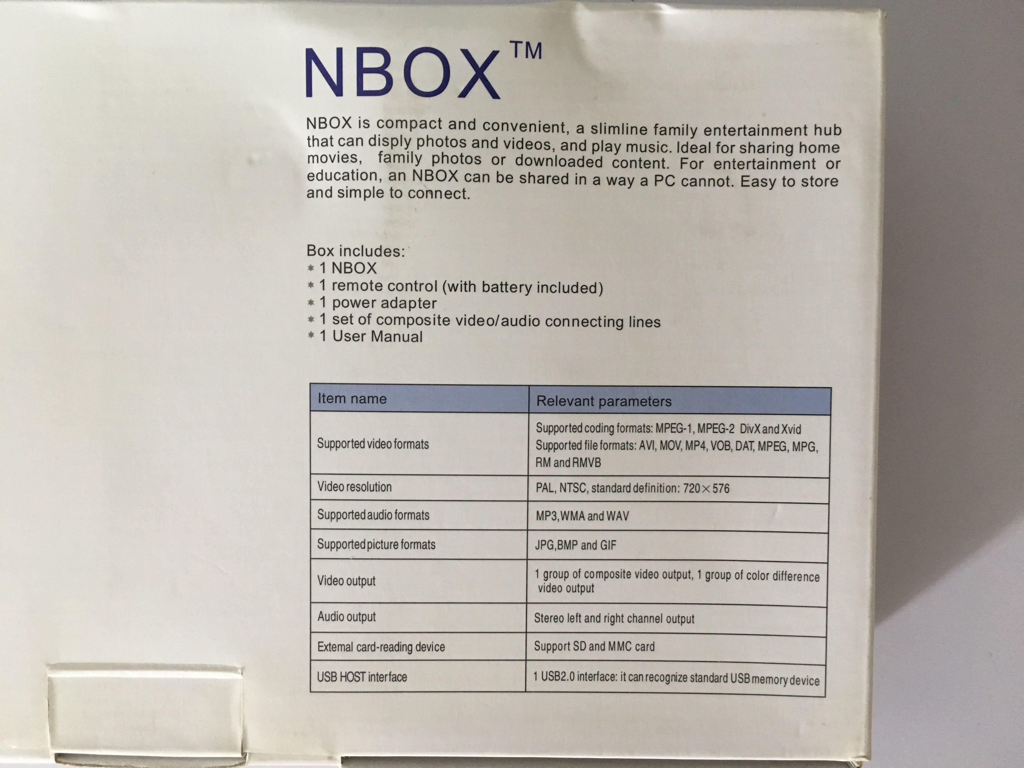 NBox (Category: Media Streamers & Hubs) located in Singapore. Submitted by gcwl00 (Listing ID 201499203, Image 3). Description: Used only once, now clearing. Box looks old but parts are all in excellent condition..