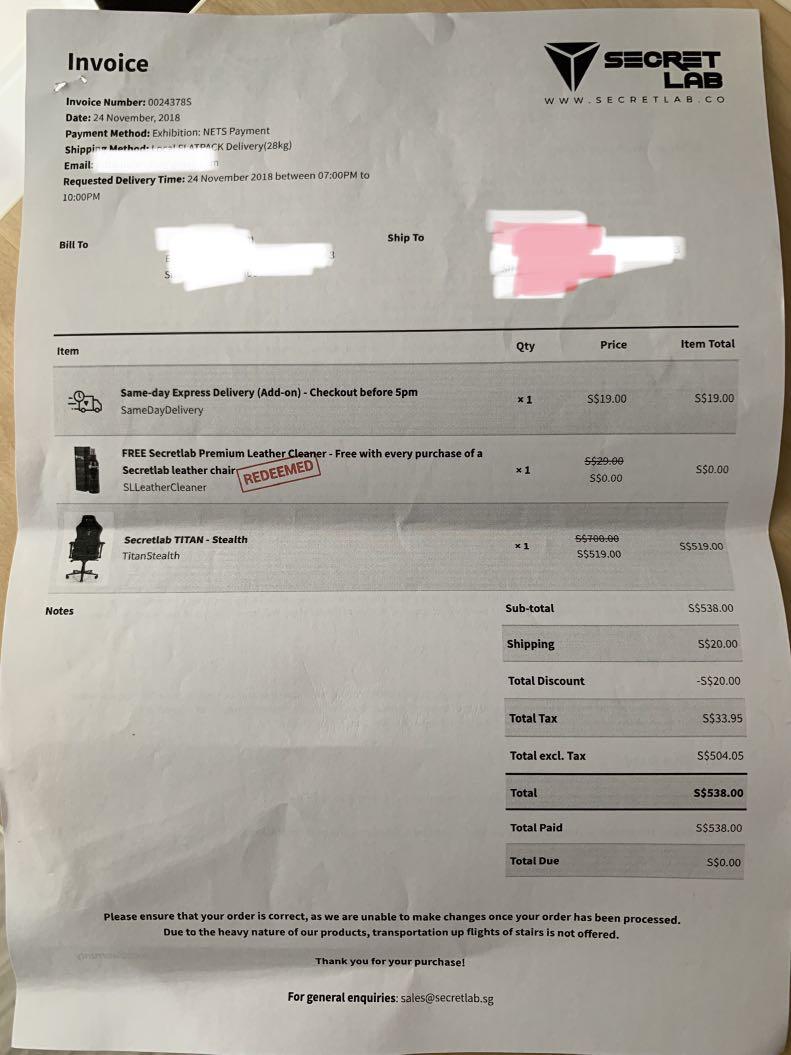 Secretlab invoice online