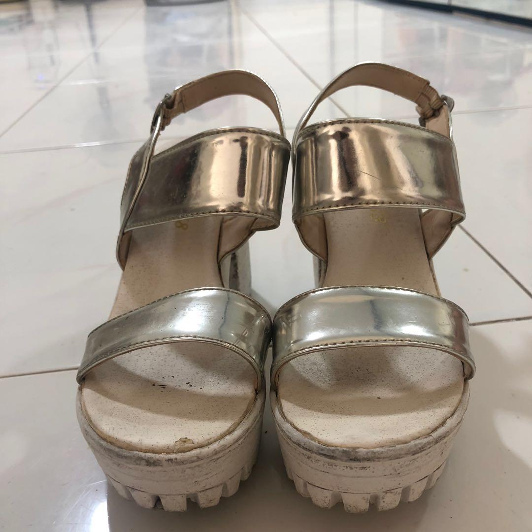 Silver Chunky Heels, Women's Fashion 