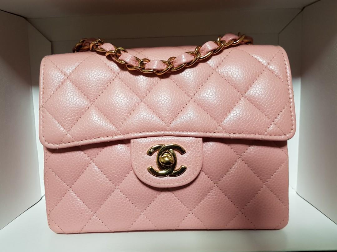 100% AUTH] Chanel pink square mini flap bag Caviar with GHW