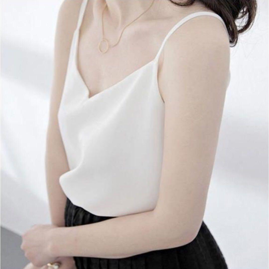 Chiffon V Neck Loose Sleeveless Spaghetti Top White