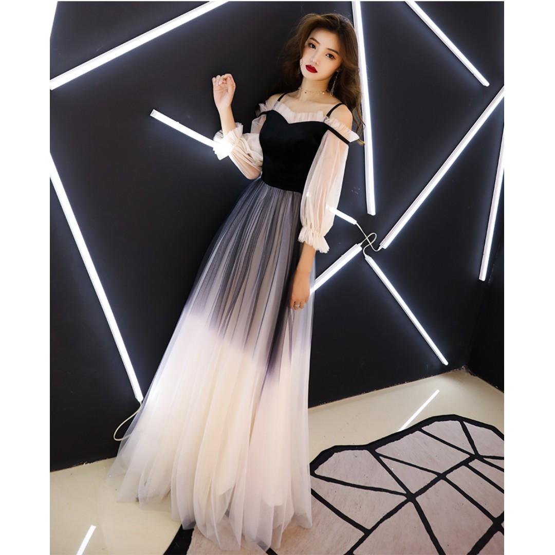 Gown Collection Noble Vintage Style Long Sleeves Off Shoulder Black White Gown Women s Fashion Dresses Sets Evening Dresses Gowns on Carousell