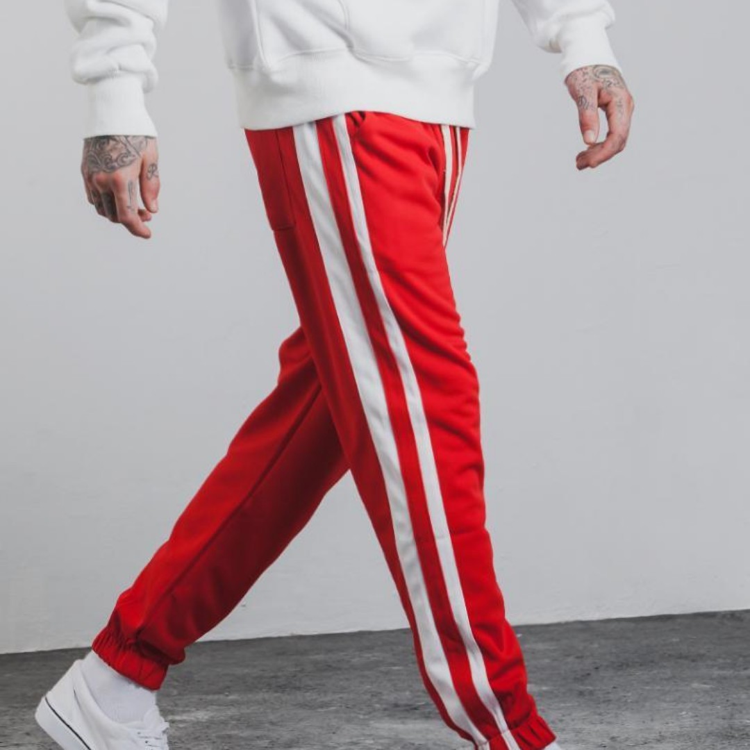 Red track pants outlet with white stripe