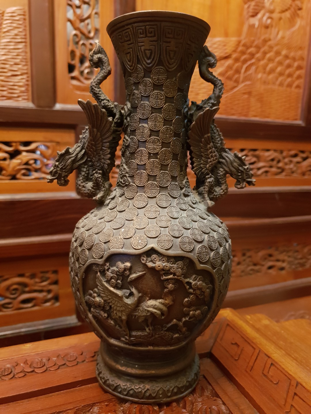 vintage Chinese brass vase with dragon handles, Furniture & Home Living