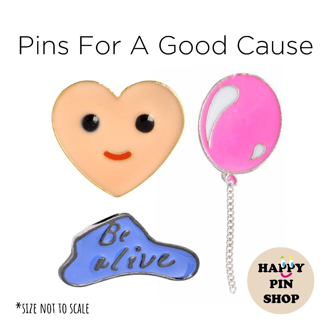 Enamel Pins For A Good Cause Happy Pin Shop For Charity Smiling Heart Pink Balloon Chain Be Alive Books Stationery Stationery On Carousell
