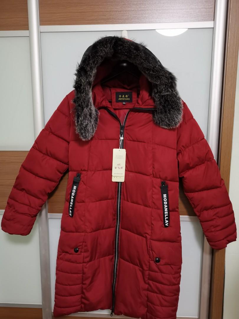 Red winter jacket hotsell with fur hood