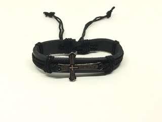 Bracelet (Black Leather Cross) - 12mm with adjustable length
